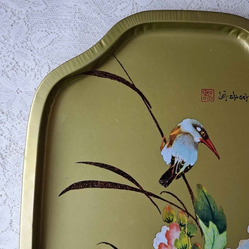 Vintage Large Gold Metal Tin Tray Bird and Magnolia Flowers Hong Kong 11 x 13